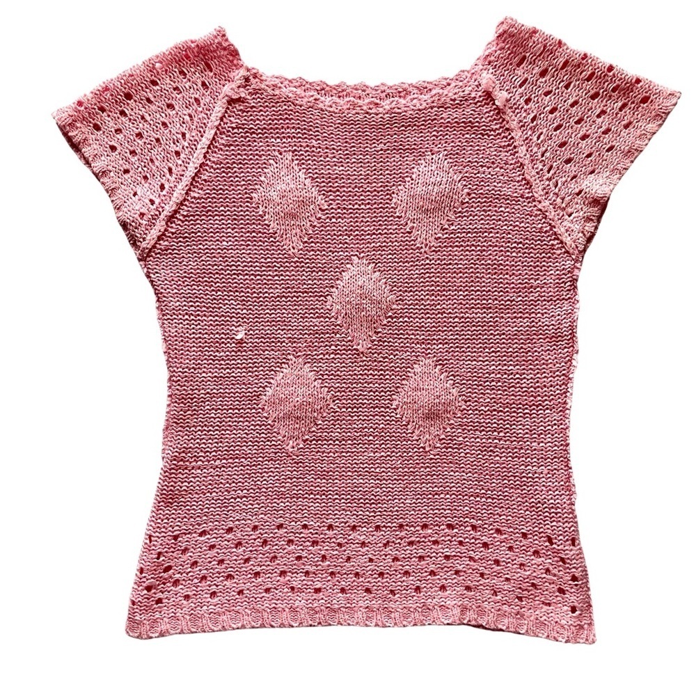 Pink Hand Knit Cap Sleeve Crew Neck Stretch Top SzS - Picture 9 of 10